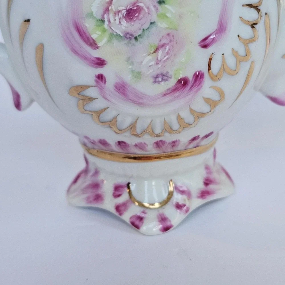 Cracker Barrel Porcelain Miniature Teapot Floral Rose Purple‎ Gold Trim Decor